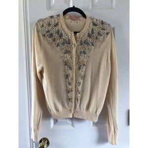 Vtg Hogg Of Hawick Beige Sweater With Heavy Floral Beading 100% Pure Cashmere